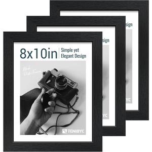 8x10 Picture Frame Set - 3 Pack, Textured Black Solid Wood, HD Tempered Glass, Gallery Photo Frame, Table or Wall Display