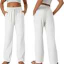 SEMARO Womens Casual Linen High Waist Pants Drawstring Loose Fit Summer Pants Trousers with Side Pockets (White, M)