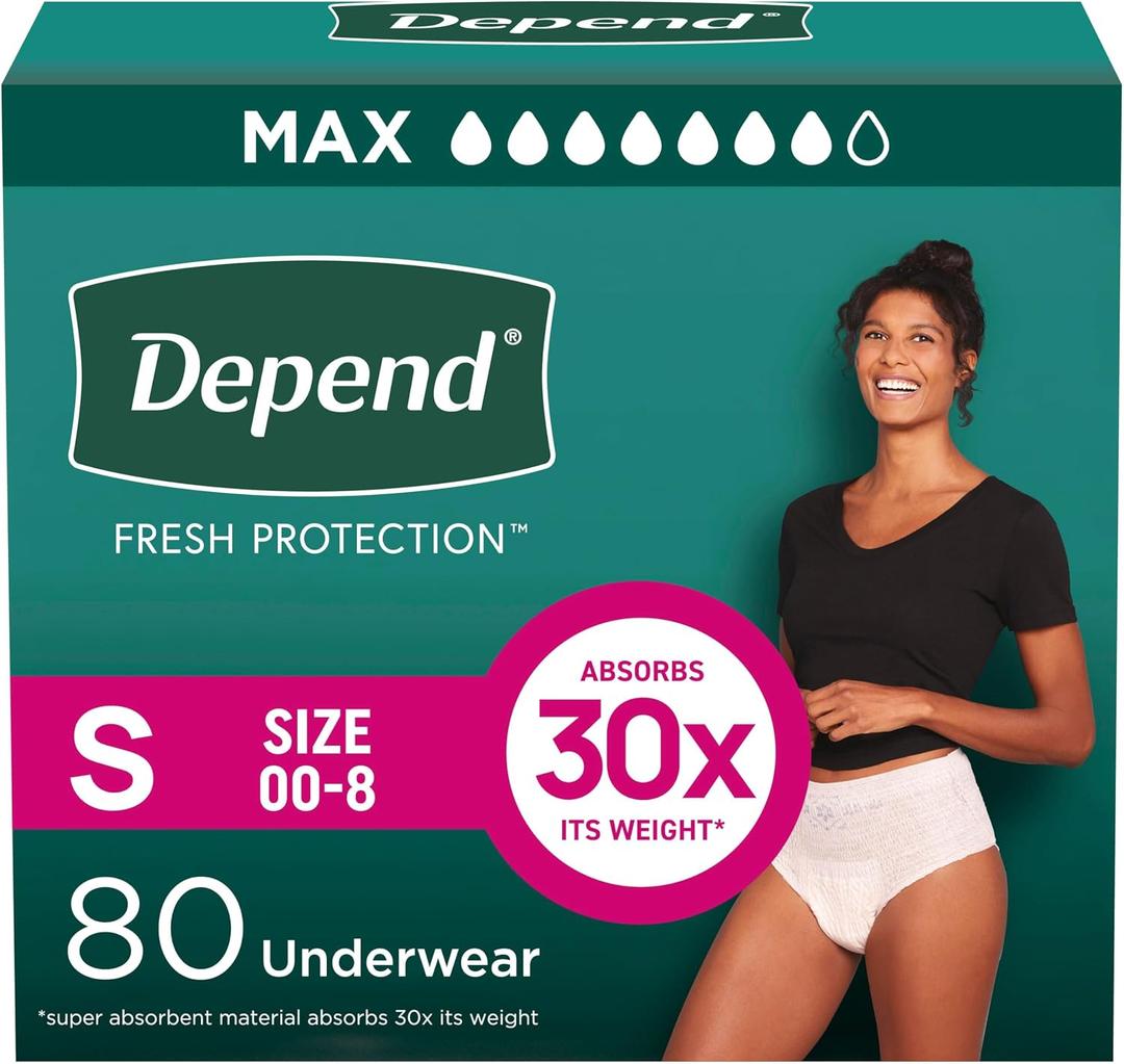 Depend Fresh Protection Adult Diapers, Incontinence & Postpartum Bladder Leak Underwear for Women, Disposable, Maximum, Small, Blush, 80 Count (2 Packs of 40) 
