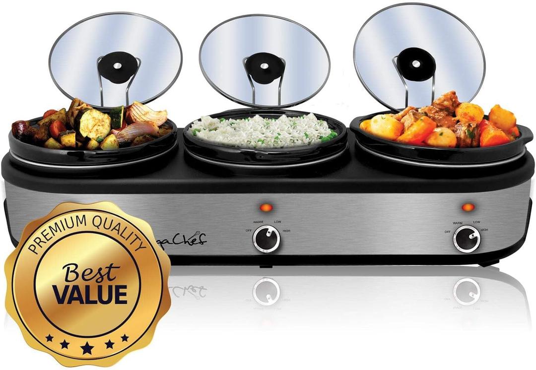 MegaChef Triple 2.5 Quart Slow Cooker and Buffet Server in Brushed Silver and Black Finish with 3 Ceramic Cooking Pots and Removable Lid Rests
