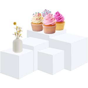 Geetery Set of 5 Display Buffet Risers (3",4",5",6",7") Acrylic Cube with Hollow Bottoms Acrylic Boxes Table Stands for Display Dessert Catering Collectibles Jewelry Decor (Small,3,4,5,6,7 Inch,White)