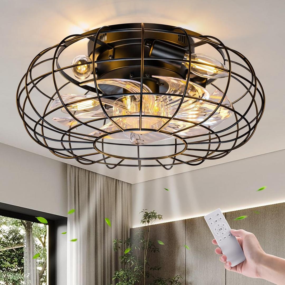 Ceiling Fan with Lights, 18 Inch Caged Ceiling Fan Lights Remote Control Small Industrial Ceiling Fan Light Fixture Flush Mount Farmhouse Light 6 Speeds Bladeless Lights for Bedroom Kitchen