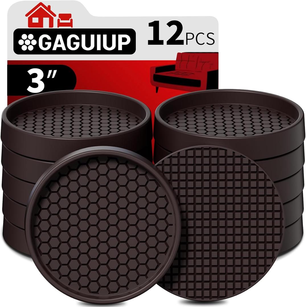 Non Slip Furniture Pads- 3"x3" Round Anti Skid Caster Cups Furniture Coasters, Anti-Sliding Grippers Floor Protectors for Furniture Bed, Couch, Chair Leg, Brown (Set of 12)