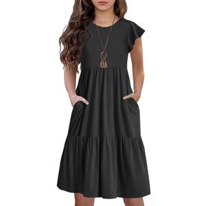 HOSIKA Girls Summer Ruffle Short Sleeve Crew Neck Loose Casual Flowy Tiered Short Dress with Pockets, size 12-13Y