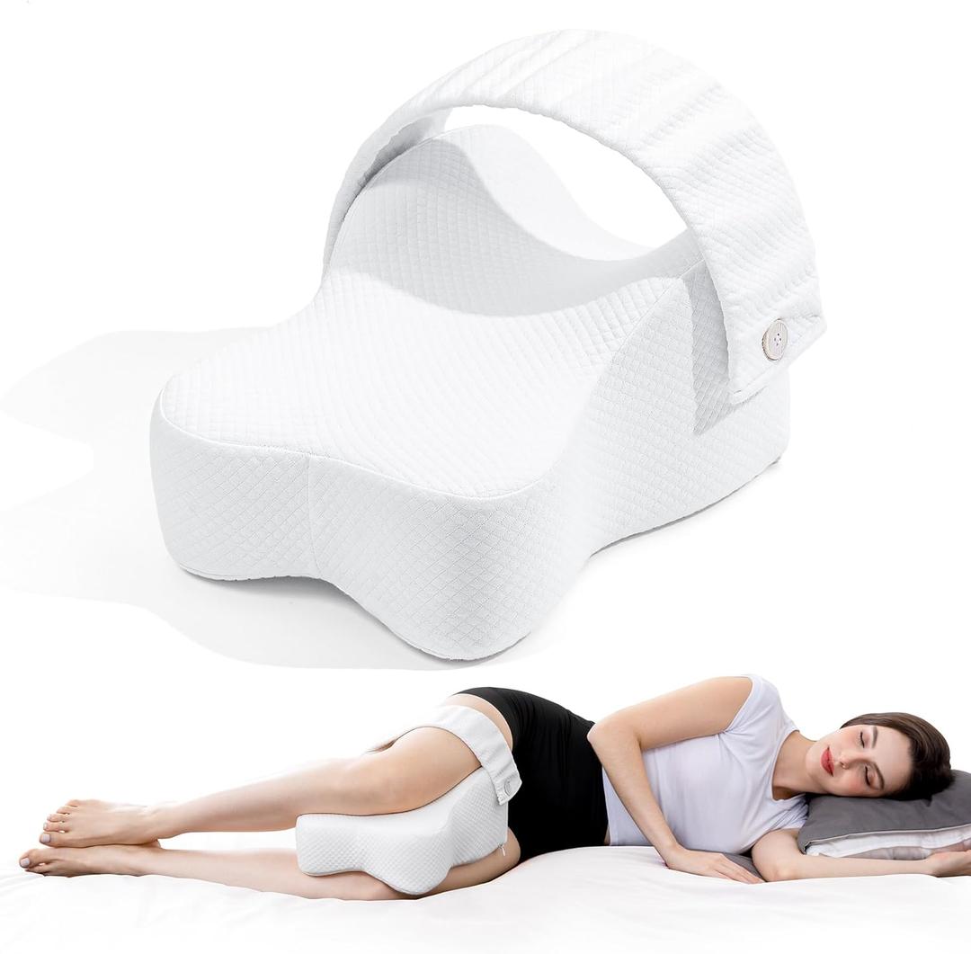 UJPFEO Knee Pillow for Side Sleepers,Leg Pillows for Sciatica,Knees,HIPS,Joints Between Legs,Back Pain Relief When Side Sleeping Spine Alignment Support for Knee Surgery Recovery,Removable Strap, White