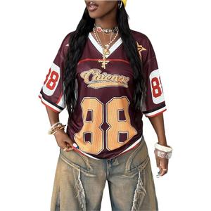 WDIRARA Women's Jersey Shirts Number Graphic T Shirts V Neck Half Sleeve Tees Streetwear Oversized Tops XS