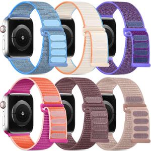 WJK Stretchy Nylon Straps Compatible with Apple Watch Bands 38mm 40mm 41mm 42mm 44mm 45mm 46mm 49mm for Women Men. Breathable Braided Band for iWatch Series 11 10 SE Ultra 9 8 7 6 5 4 3 2 1, 6 Pack (Pomegranate/Lilac/Tahoe Blue/Light Beige/Milk Tea/Smokypurple)