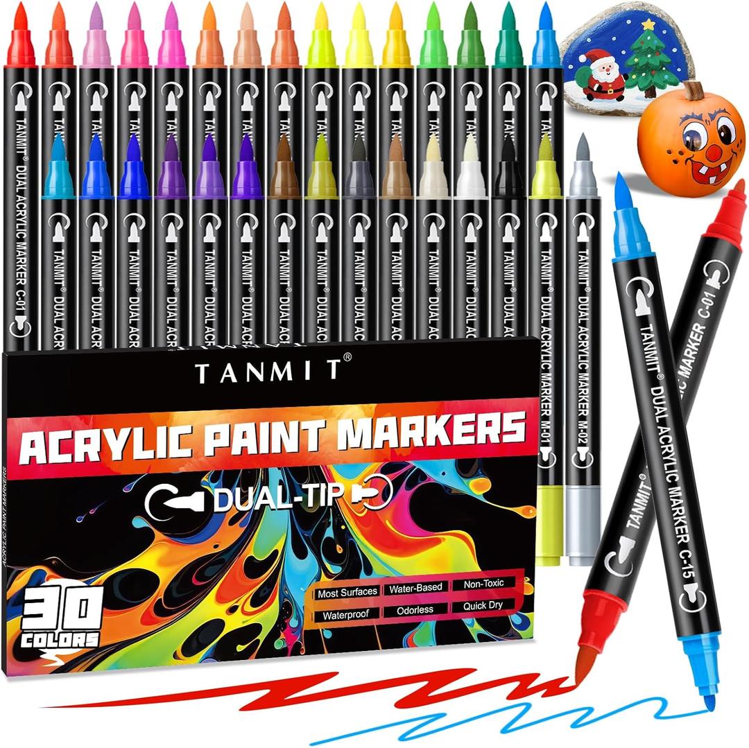 30 Colors Acrylic Paint Markers, Dual Tip Acrylic Paint Pens with Fine Tip and Brush Tip for Rock Painting, Ceramic, Wood, Plastic, Calligraphy, Scrapbooking, Brush Lettering, Card Making, DIY Crafts