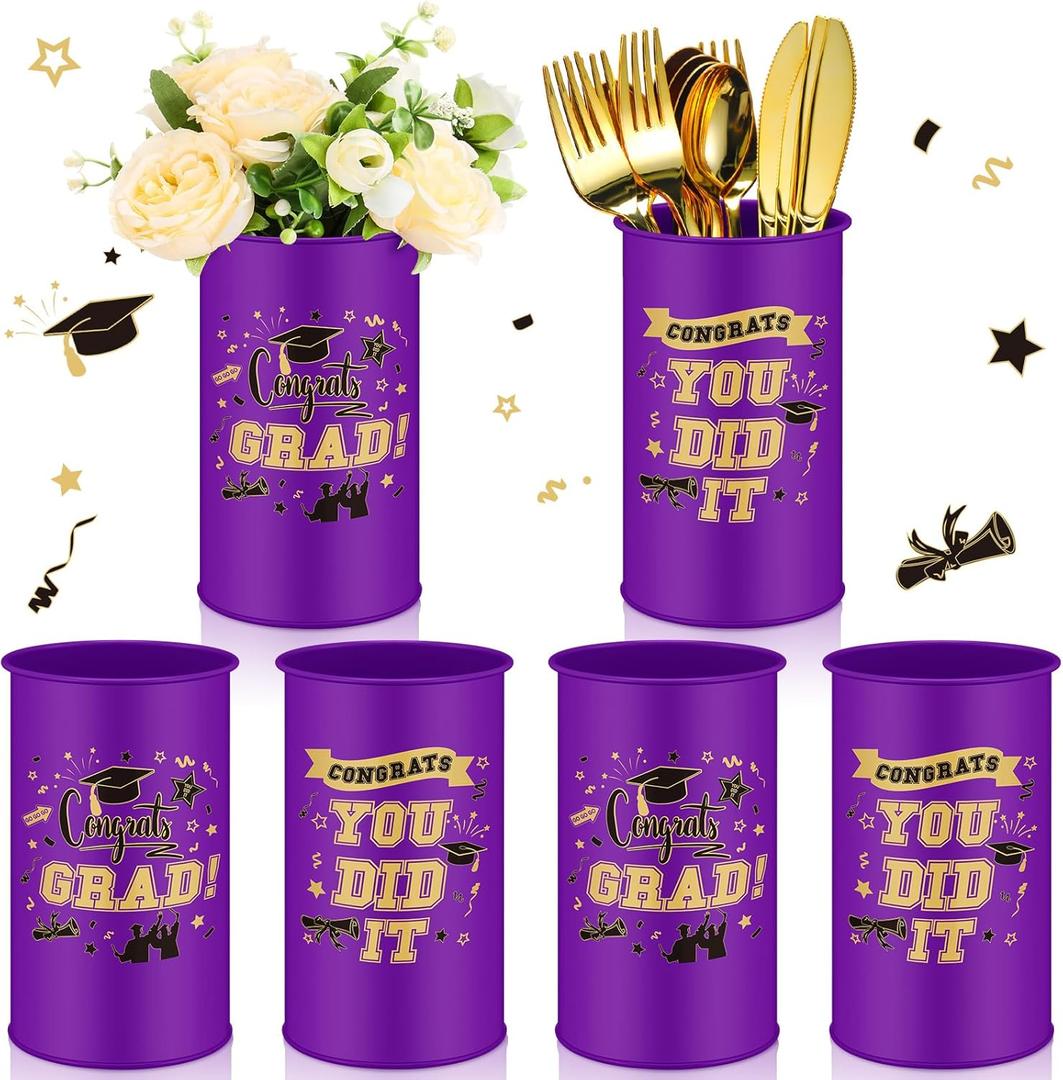 Domensi 6 Pcs 2025 Graduation Table Centerpiece Vase Decorations Class of 2025 Galvanized Metal Tin Vases for Artificial Flowers Grad Caps Cutlery Utensil Holder for Party Supplies Gifts(Purple)