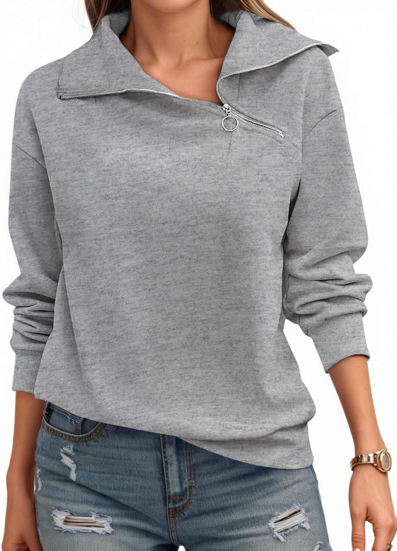 Womens Zipper Sweatshirt Turtleneck Long Sleeve Pullover Casual Loose Sweatshirts Top T Shirts (Gray, L)