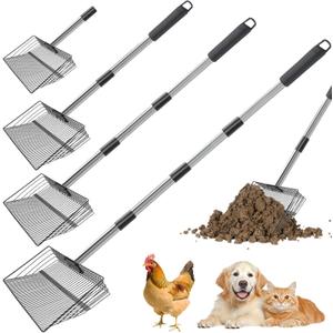 4-in-1 Chicken Poop Scooper & Rake, 15" Large Metal Sifting Shovel Poop Scooper for Sand, Adjustable Stainless Steel Handle 22"-65" for Coop Cleaning,Farms,Courtyards,Poultry Houses