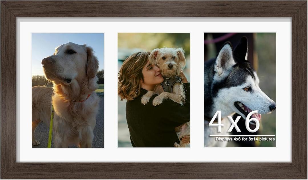 DUENPY 8x14 Collage Picture Frame 4x6 Collage Picture Frame Displays Three 4x6 inch Photos or 8x14 (Without Mat) for Horizontal Wall Mounting Display and Vertical Walnut