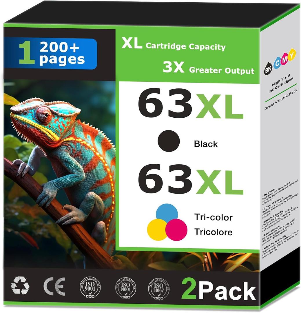 63XL Ink Cartridges Replacement for HP 63 Ink Cartridges Combo Pack Compatible with HP Printer Deskjet 3630 3634 1112 Envy 4510 4520 Officejet 4650 5258 5200 3830 5255 4655 4652 2-Pack Black Tri-Color