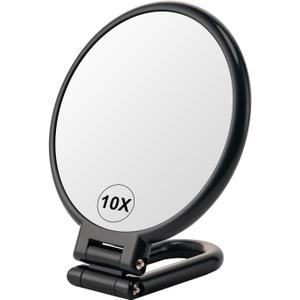 BOOMIBOO 1X/10X Magnifying Handheld Mirror Double Sided, Foldable Travel Makeup Mirror, Adjustable Rotation Pedestal Hand/Hanging/Desk Vanity Mirror-Black