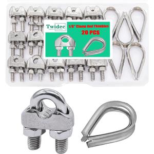 Twidec/20PCS 304 Stainless Steel 1/8" Wire Rope Cable Clip Clamp And Stainless Steel Thimbles For Wire Rope Rigging Tent Rope Guardrail System