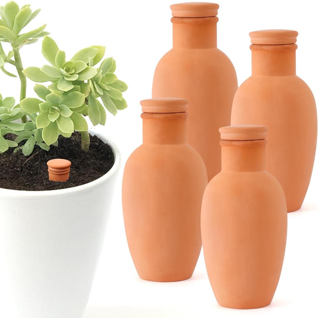 4pcs Ollas 3.1inch Plant Watering Globes Clay Watering Pot with lid Terra Cotta Clay Irrigation Globes Terracotta Watering Simple Irrigation Peripheral Water System Self Watering System