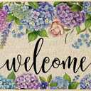 ORTIGIA Welcome Doormat Spring Summer Hydrangea Flower Leaves Floral Doormat Outdoor Outside Indoor Entrance Mat Non-Slip Durable Absorbent Easy Clean Entryway 17x29 Inch