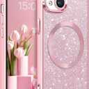 DOMAVER for iPhone 14 Case with Magnetic [Compatible with MagSafe] Luxury Clear Glitter Bling Shockproof Protective Cover Full Camera Lens Protector Women Girls- Pink