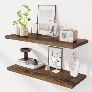 Dreamland 36" Floating Shelves for Wall, 12" Deep Slim Rustic Brown Floating Shelves, Wall-Mounted Shelves for Bedroom, Living Room, Kitchen, Bathroom - Set of 2