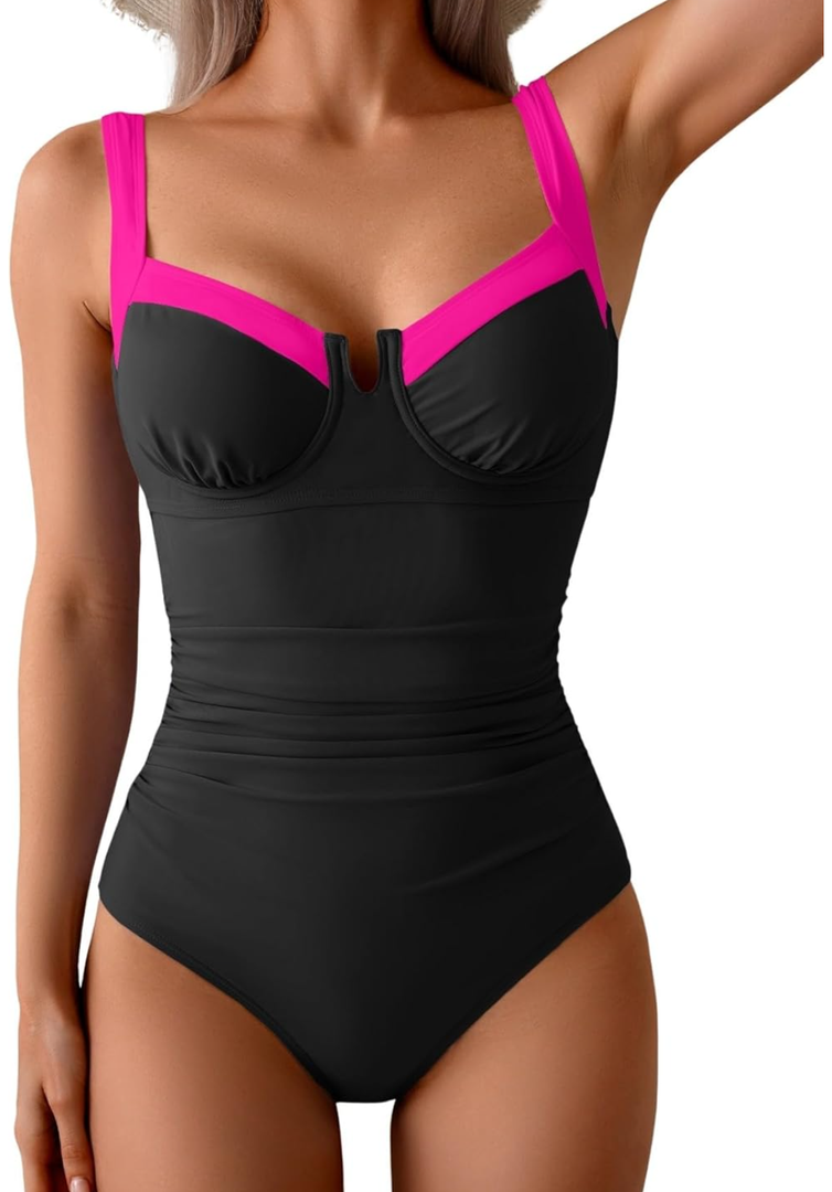 B2prity Women's Underwire One Piece Swimsuits Tummy Control Bathing Suits Push Up Swim Suit Color Block Swimwear ,Size M