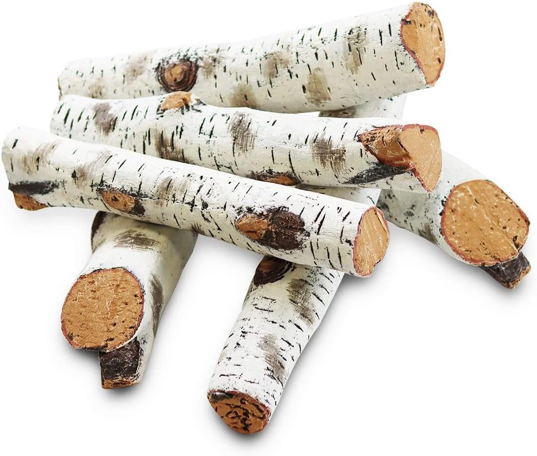 Gas Fireplace Log Set Ceramic White Birch for Indoor Insert, Vented, Propane, Electric Gas Fireplace, Linear Fire Pits Ceramic Fiber, Fireplace Decor Large Birch Logs for Smoke Hollow Grill, 6PCS
