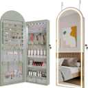 LVSOMT Arched Lighted Mirror Jewelry Cabinet, Wall/Door Mount Jewelry Armoire Organizer with Lights, Full Length Mirror with Jewelry Storage, Over the Door Hanging Jewelry Cabinet (Laurel Green) (Arched-Green)