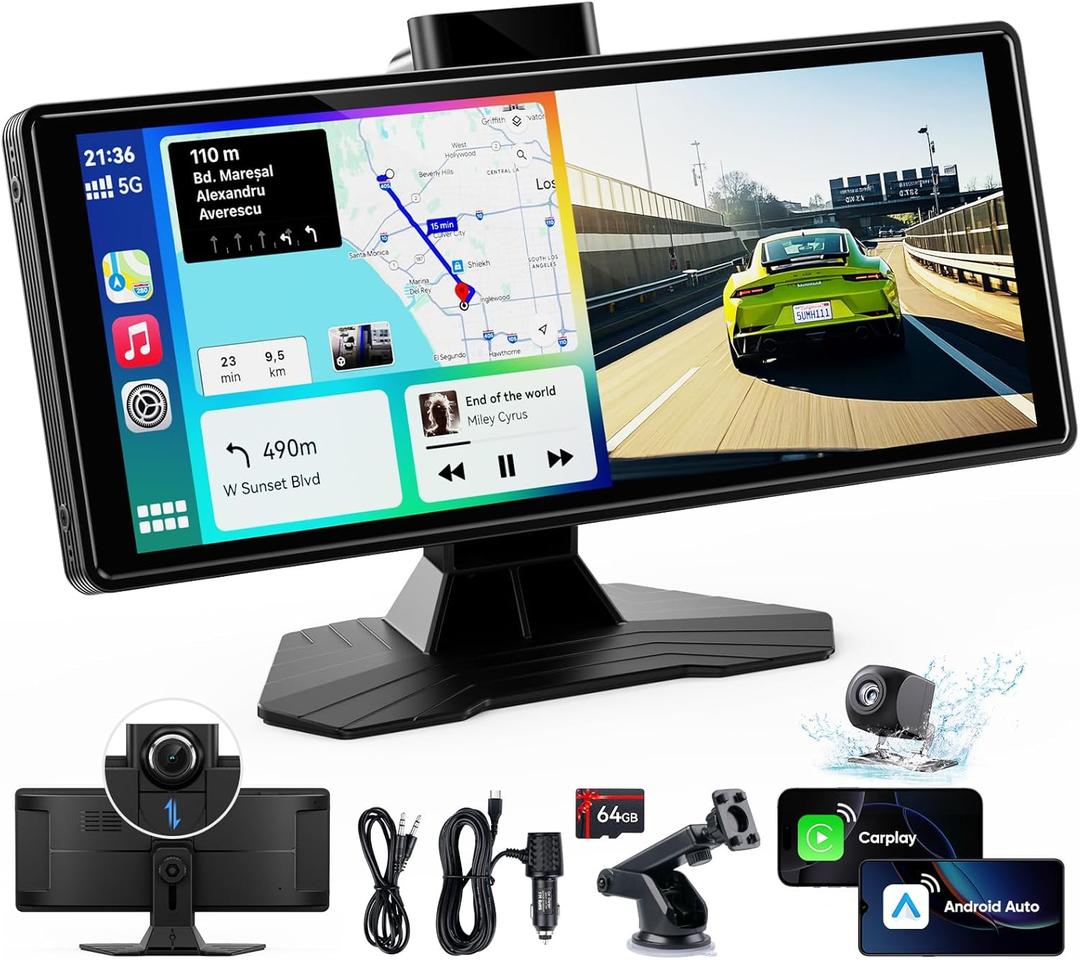 Portable Wireless Carplay Screen for Car: 10.26" HD Car Tablet Compatible with Apple Carplay Android Auto Stereo Touchscreen with 4K Dash Cam/Backup Camera/GPS Navigation/Mirror Link