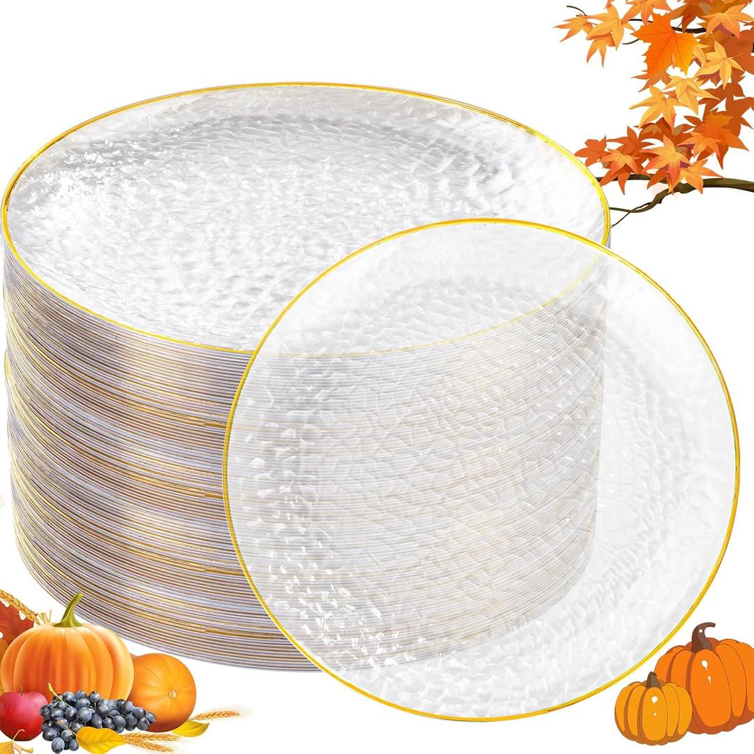 Rubtlamp 100 Pcs Gold Thanksgiving Plastic Plates - 10 inch Clear Gold Dinner Plates - Hammer Pattern Design - Fancy Disposable Plate - Heavy Duty Party Friendsgiving Plate Ideal for Thanksgiving
