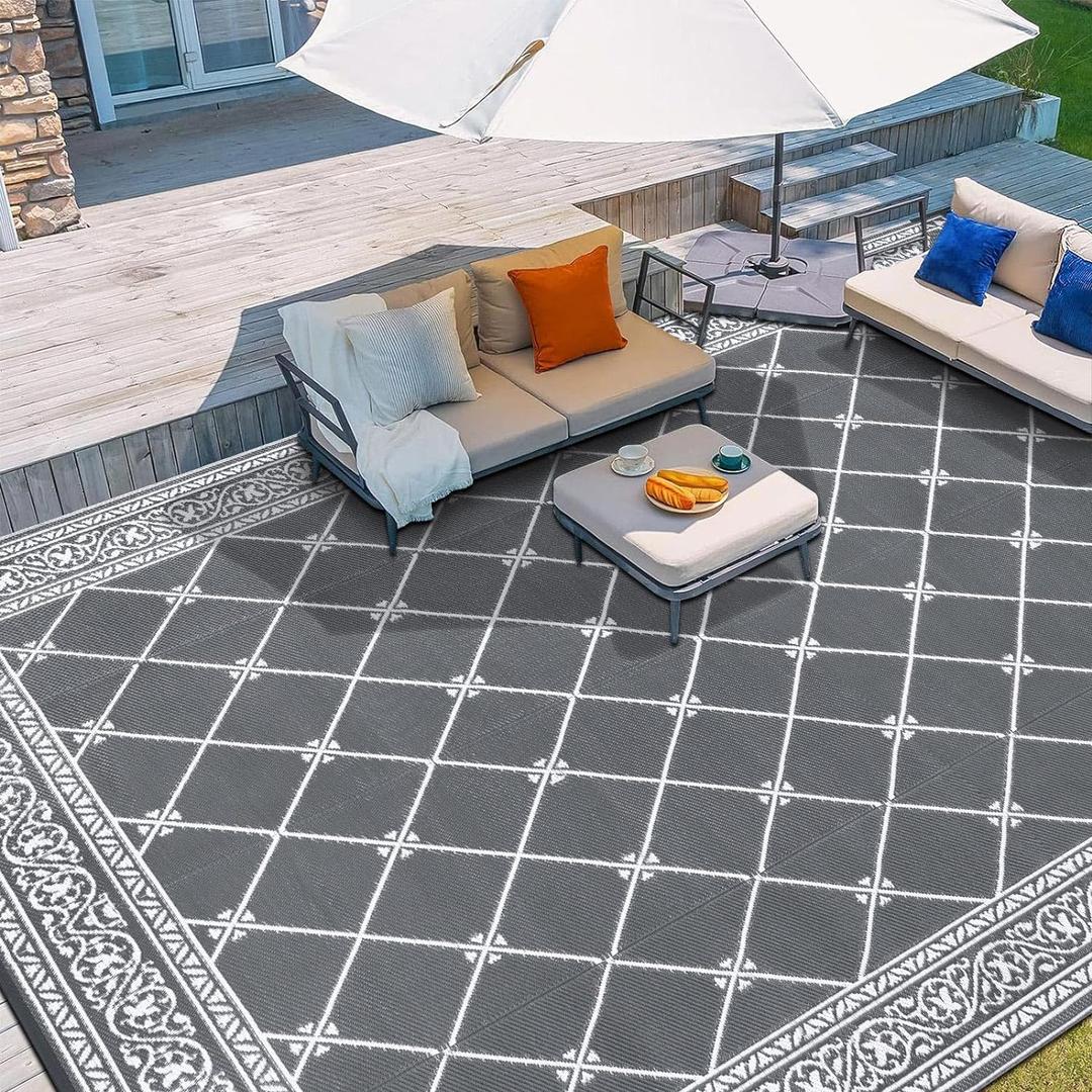 HiiARug Outdoor Rugs 9'x12' for Patios Waterproof RV Mats Camping Rug Outdoor Area Rug Lightweight Portable Outdoor Plastic Straw Rug for Patio, RV, Camping, Balcony, Beach (Classic Grey)