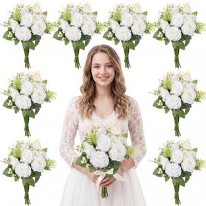 Unittype 12 Sets Bridesmaid Bouquets for Wedding 6 Inch Artificial Roses Flowers Bridal Holding Bouquets for Wedding Church Ceremony Proposal Party Centerpieces Table Decoration (White)
