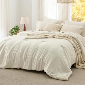 Bedsure Queen Comforter Set, Ivory Soft Prewashed Bedding for All Seasons, 3 Pieces GentleSoft Bed Set, 1 Lightweight Comforter (90"x90") and 2 Pillowcases (20"x26")