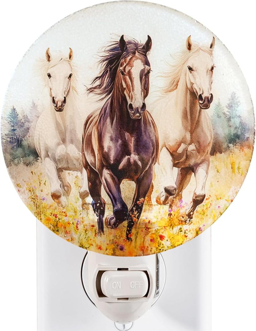 Horse Night Light  Stained Glass Styled Plug-in Wall Light for Vertical Outlets  Real Glass, Warm Glow for Bedroom, Bathroom, Hallway  Gift for Horse Lovers Three Horses