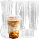100 Pack - 16 oz Ratio Lines Iced Coffee Cups with Lids & Straws  No Guessing for Consistent Drinks, Disposable Clear Plastic Cups with Lids and Straws for Coffee, Smoothies, Juice, Parties Food Safe