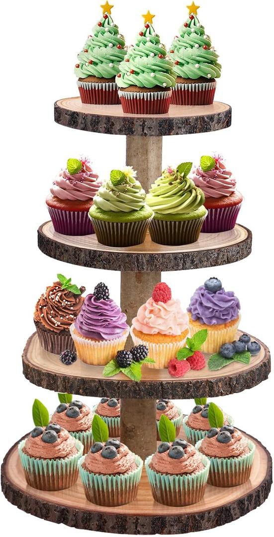 Cupcake Stand Wooden Tiered Tray Stand 4 Tier Cupcake Holder Wood Cupcake Tower Rustic Dessert Display Stands for Baby Shower Decorations Rustic Wedding Party Farmhouse Decor