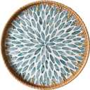 Round Rattan Tray with Mother of Pearl Inlay, Decorative Wicker Serving Tray with Wooden Base, Woven Basket Trays for Bread Fruits Coffee, Light Blue