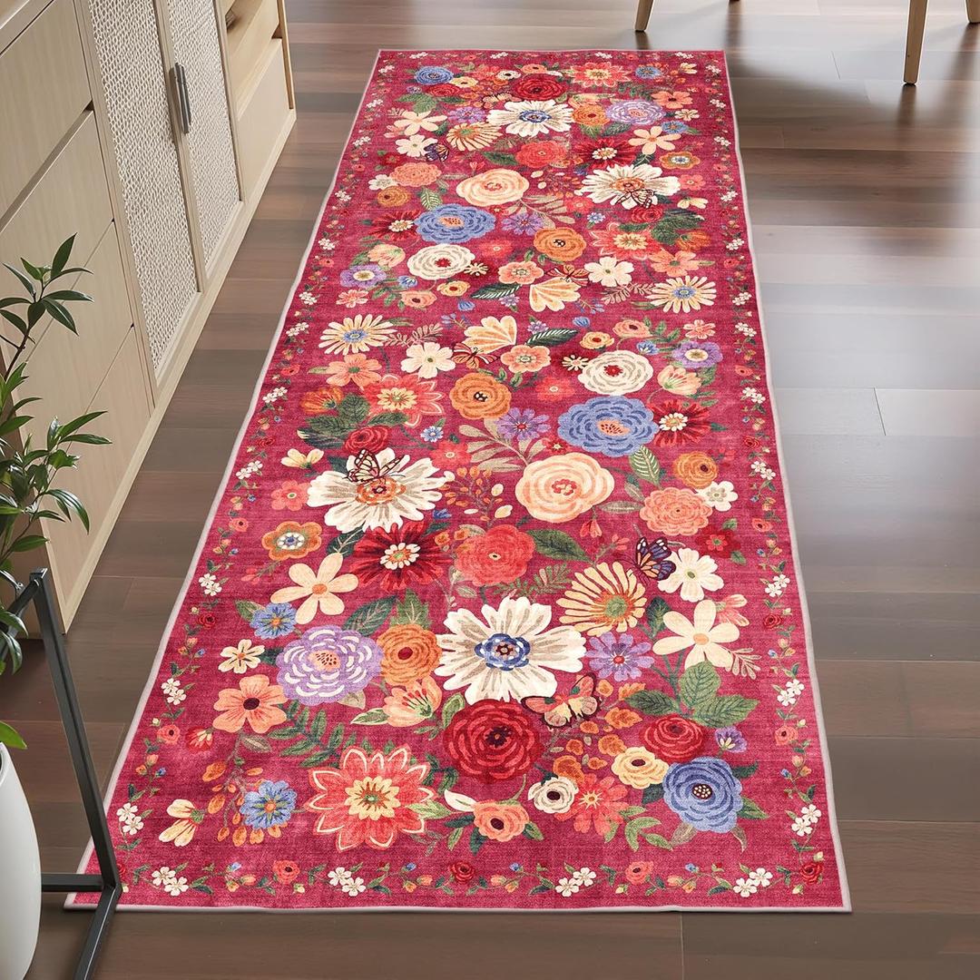 Rug for Hallways Kitchen Rug 2x6, Non Slip Washable Rugs with Rubber Backing Soft Floral Carpet Runner for Hallways, Kitchen, Laundry, Bedroom, Bathroom (2 x 6, Red Garden)