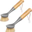 MR.SIGA Dish Brush with Bamboo Handle Built-in Scraper, Scrub Brush for Pans, Pots, Kitchen Sink Cleaning, Pack of 2