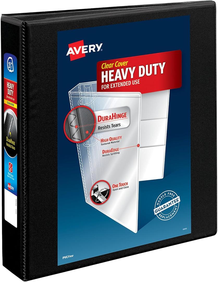 Avery Heavy-Duty View 3 Ring Binder, 1.5" One Touch Slant Rings, Holds 8.5" x 11" Paper, 1 Black Binder (05400)