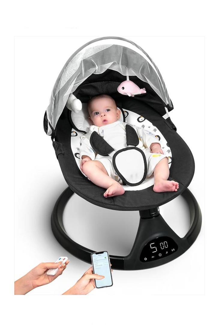 Electric Baby Swings for Infants to Toddler Baby Swing with 5-Speed 3-Seat Positions 5-Point Carabiner,with Bluetooth Music 10-Preset Melodies (Black White)