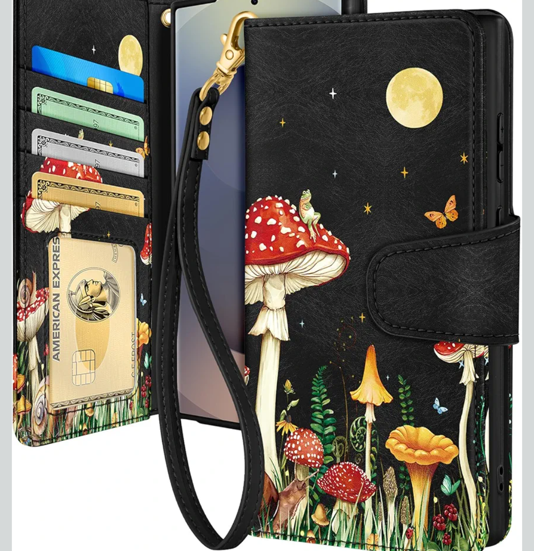Toycamp for Samsung Galaxy S25 Ultra Wallet Case with Wrist Strap - Leather Flip Folio Phone Case with RFID Blocking 4 Card Slots Galaxy S25 Ultra Funda Cute Aesthetic for Women Lady, Moon Mushroom