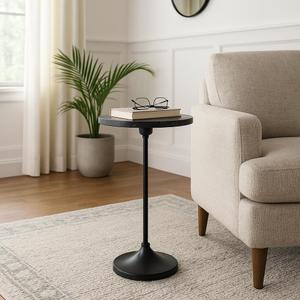 Elegant End Table, Side Table, or Small Night Stand for Room Decor – Slim Metal Drink Table with Marble Top and Trumpet Base for Bedroom or Living Room – Ideal for Small Spaces – 27" Black