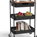 3 Tier Rolling Cart with Drawer, Metal Utility Cart on Wheels Storage Cart with Wood Top, Kitchen Cart Art Cart Organizer for Bathroom Office Balcony Living Room (Black)