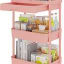 Calmootey 3-Tier Rolling Utility Cart with Drawer,Multifunctional Storage Organizer with Plastic Shelf & Metal Wheel,Storage Cart for Kitchen,Bathroom,Living Room,Office,Pink