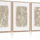 CHDITB Vintage Floral Framed Canvas Wall Art Set Of 3, Minimalist Wall Decor, Nature Inspired Wildflower Wall Painting, Neutral Botanical Flower Art Prints For Dining Room Bedroom Decor(12X16 Inch)