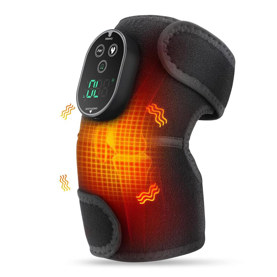 Cordless Heated Knee Massager with Vibration, FSA Eligible HSA, Heated Knee Brace Wrap Heating Shoulder Brace Support Wrap for Knee Elbow, Heating Pad with 6 Heating Levels, 3 Massage Modes&Timer (Black)
