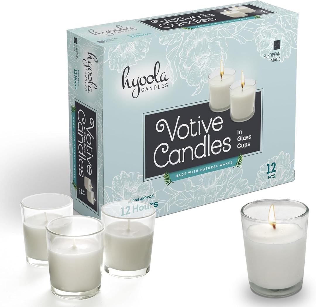 Hyoola White Votive Candles in Glass - Pack of 12 Votive Candle - 12 Hour Burn Time - Unscented Votive Candles - European Made Glass Votives