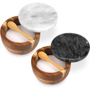 Salt Cellar Box with Lid & Spoon, Modern White Stone Salt or Pepper Sugar Spice Seasoning Bowl Container Jar Holder Well Keeper Dish Pig Crock for Kitchen (Marble Lid Set)