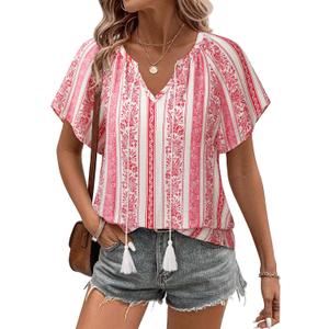 Unixseque Summer Tops for Women Casual Boho Blouses Short Sleeve V Neck Shirts Tie Front 2025 Trendy Beach Vacation Clothes (XL)