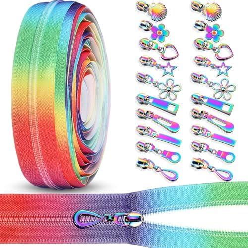 Zeyune #5 Rainbow Zipper Tape by the Yard 10 Yards Rainbow Teeth Nylon Zipper with 20 Pcs Colorful Metal Slider Pulls (10 Styles) for DIY Sewing Tailor Crafts(Classic Style,Multicolor)