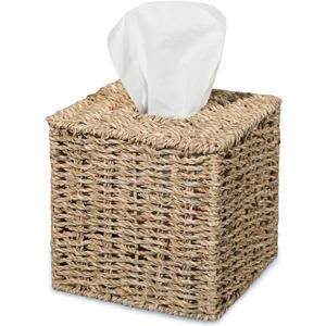 PINXIURY Seagrass Handwoven Wicker Tissue Box Cover, Natural Handmade Napkin Box Holder, Handcrafted Square Facial Tissue Holder for Bathroom, Rustic Decorative on Table and Bathroom,Boho Decorative (Single)